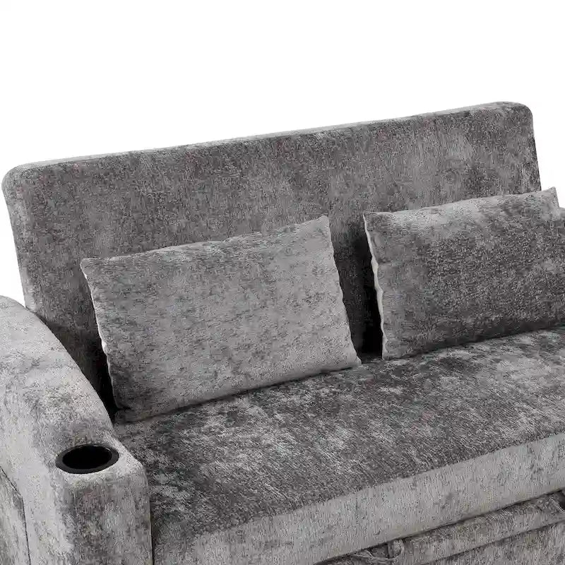 Chenille Convertible Loveseat Sofa Bed with Adjustable Backrest, USB Ports, and Cup Holders