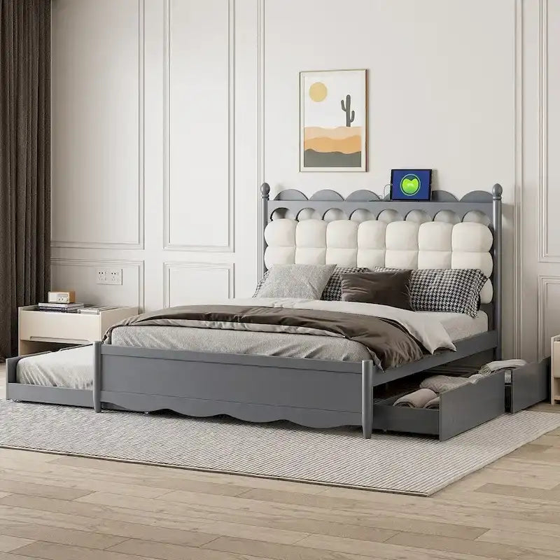 Wooden Storage Platform Bed with 2 Big Drawers and Twin-XL Size Trundle
