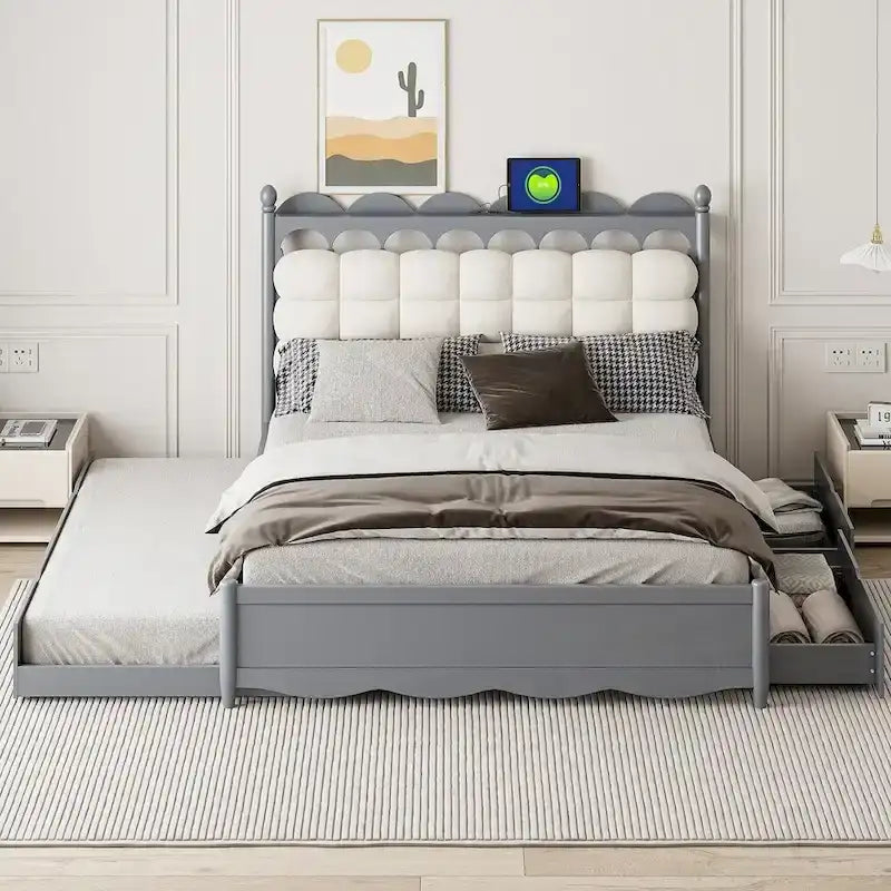 Wooden Storage Platform Bed with 2 Big Drawers and Twin-XL Size Trundle