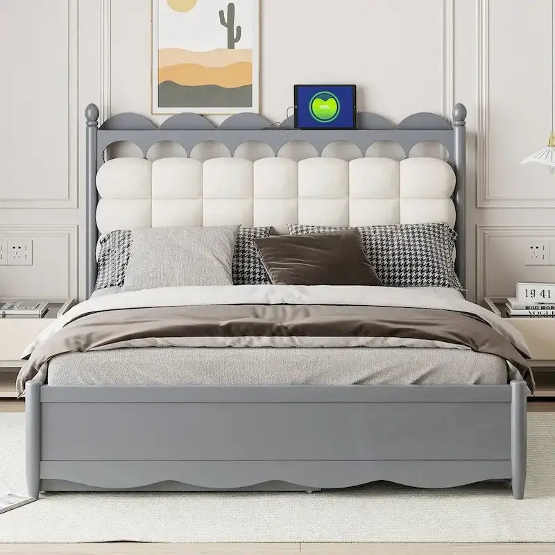 Wooden Storage Platform Bed with 2 Big Drawers and Twin-XL Size Trundle
