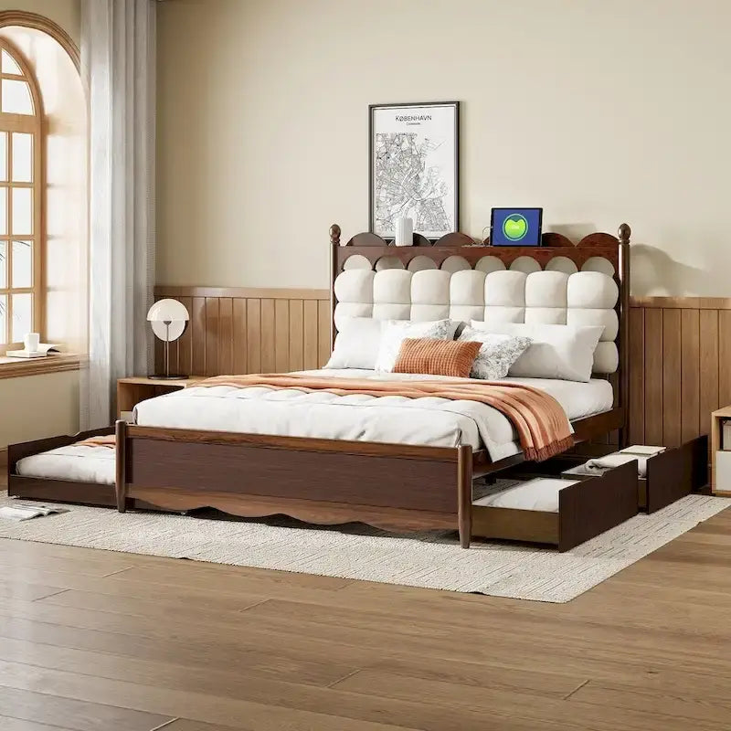 Wooden Storage Platform Bed with 2 Big Drawers and Twin-XL Size Trundle