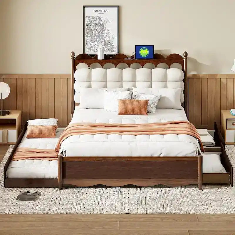 Wooden Storage Platform Bed with 2 Big Drawers and Twin-XL Size Trundle