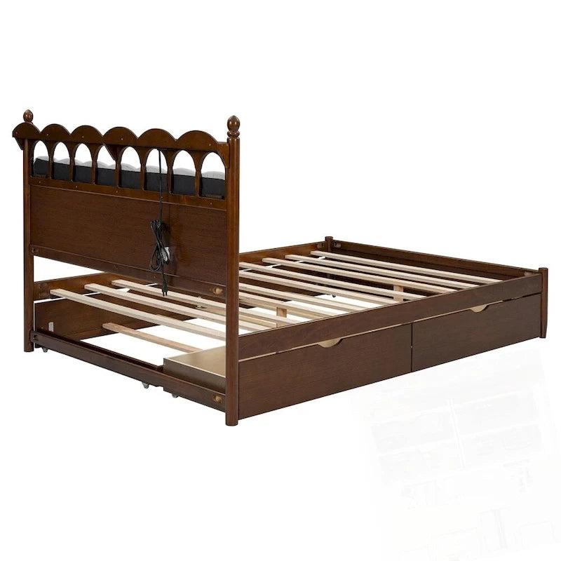 Wooden Storage Platform Bed with 2 Big Drawers and Twin-XL Size Trundle