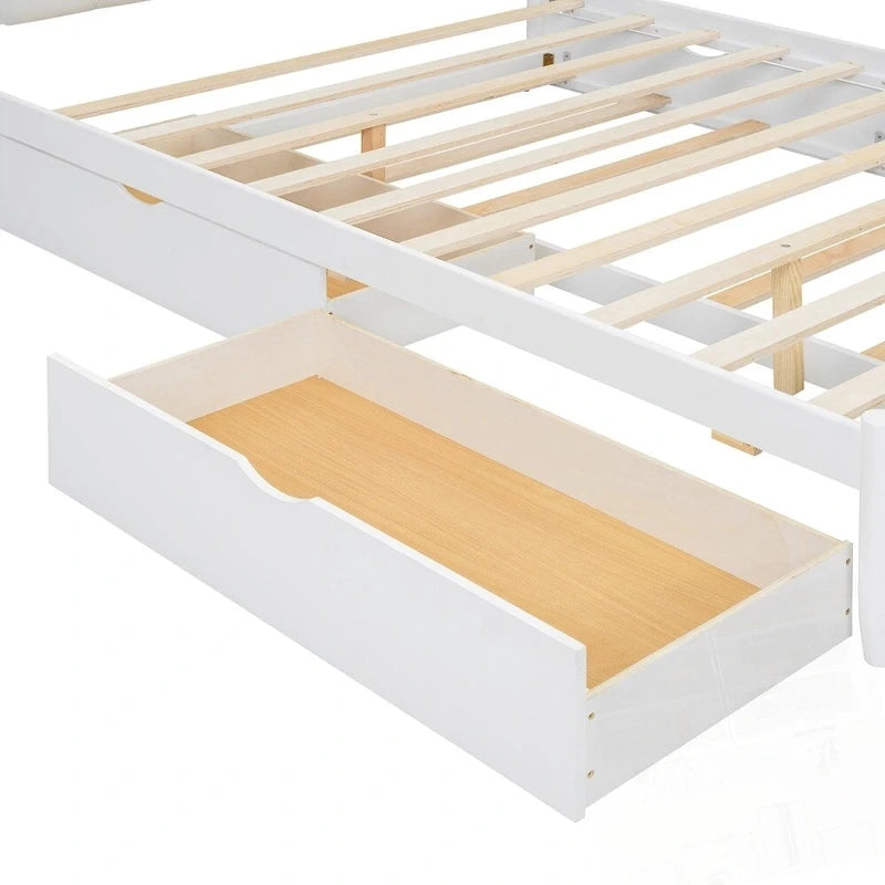 Wooden Storage Platform Bed with 2 Big Drawers and Twin-XL Size Trundle