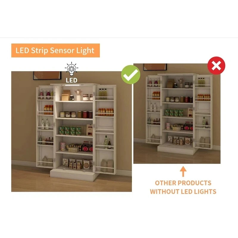 50 LED Kitchen Pantry Cabinet,Freestanding Buffet Cupboards Sideboard with 2 Doors with Racks and 2 Adjustable Shelves