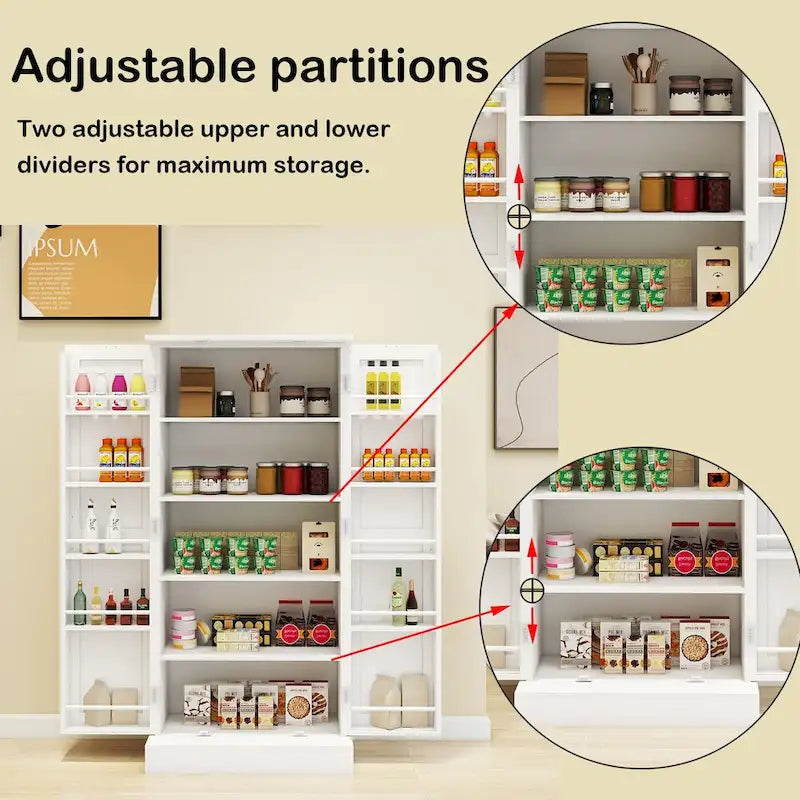 50 LED Kitchen Pantry Cabinet,Freestanding Buffet Cupboards Sideboard with 2 Doors with Racks and 2 Adjustable Shelves
