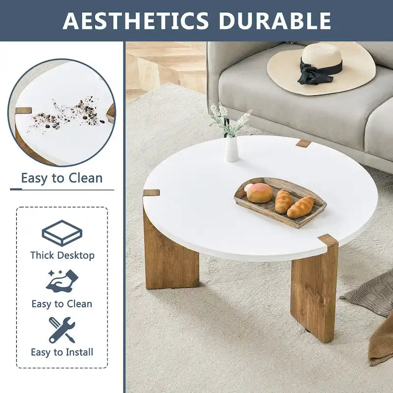 Coffee Table Round Coffee Table with Rectangular Legs Home Center Table Wooden Side Table for Living Room