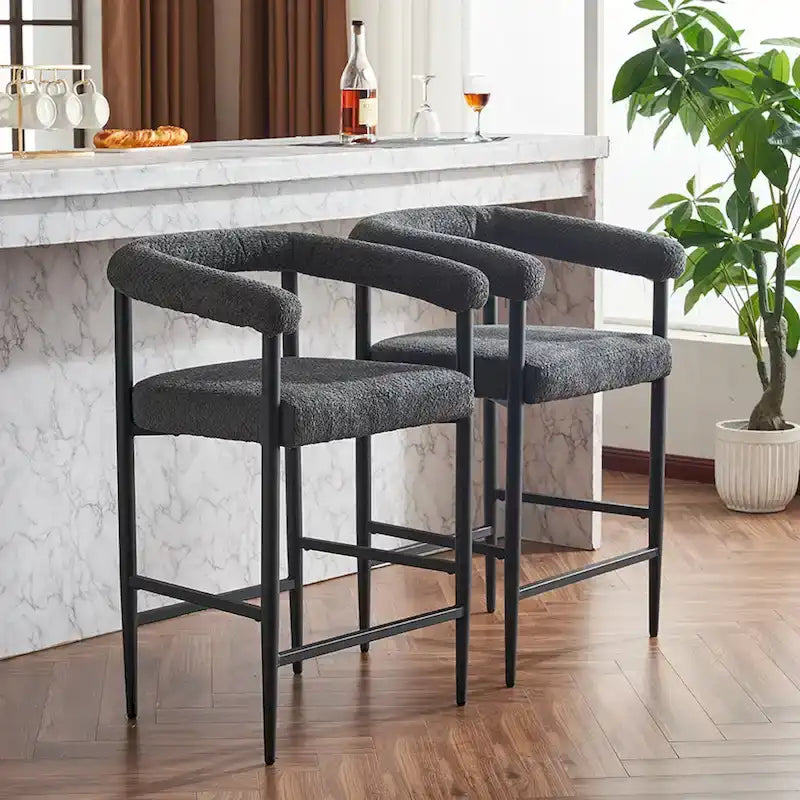 Modern Boucle Bar Stools Set of 2,Counter Height with Metal Frame & Armrests for Kitchen Island, Dining Room