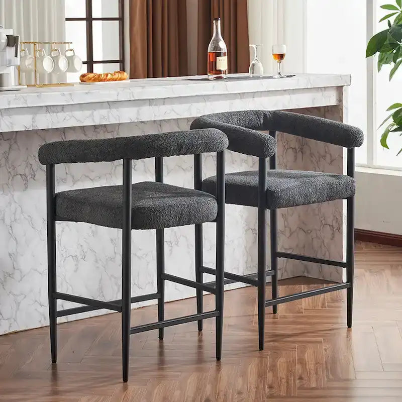Modern Boucle Bar Stools Set of 2,Counter Height with Metal Frame & Armrests for Kitchen Island, Dining Room