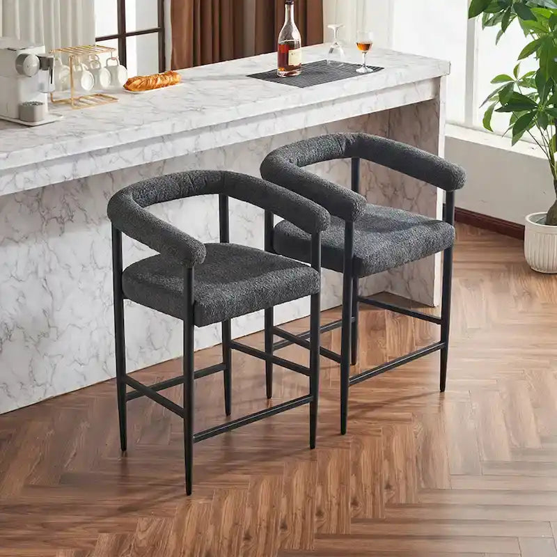 Modern Boucle Bar Stools Set of 2,Counter Height with Metal Frame & Armrests for Kitchen Island, Dining Room