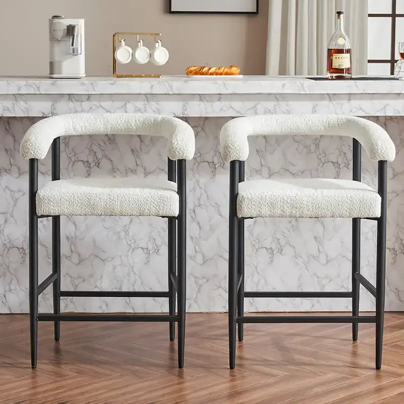 Modern Boucle Bar Stools Set of 2,Counter Height with Metal Frame & Armrests for Kitchen Island, Dining Room
