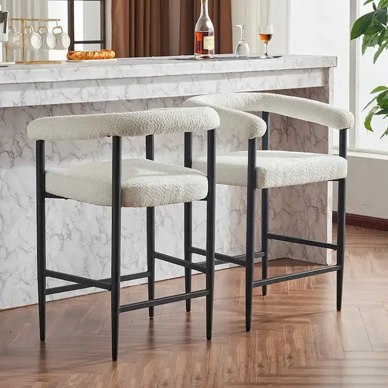 Modern Boucle Bar Stools Set of 2,Counter Height with Metal Frame & Armrests for Kitchen Island, Dining Room