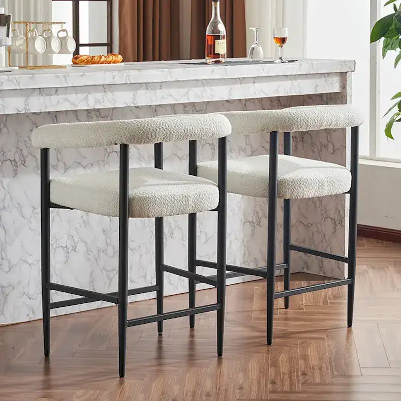Modern Boucle Bar Stools Set of 2,Counter Height with Metal Frame & Armrests for Kitchen Island, Dining Room