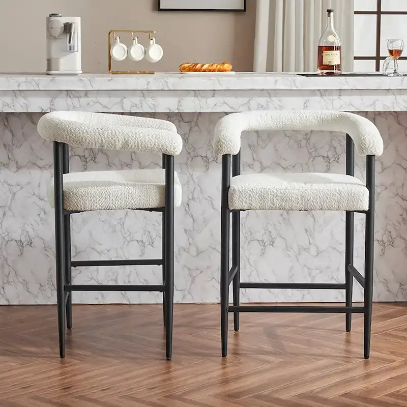 Modern Boucle Bar Stools Set of 2,Counter Height with Metal Frame & Armrests for Kitchen Island, Dining Room
