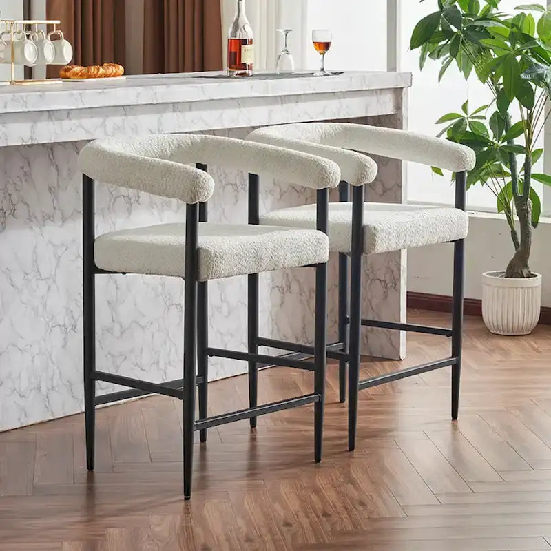 Modern Boucle Bar Stools Set of 2,Counter Height with Metal Frame & Armrests for Kitchen Island, Dining Room