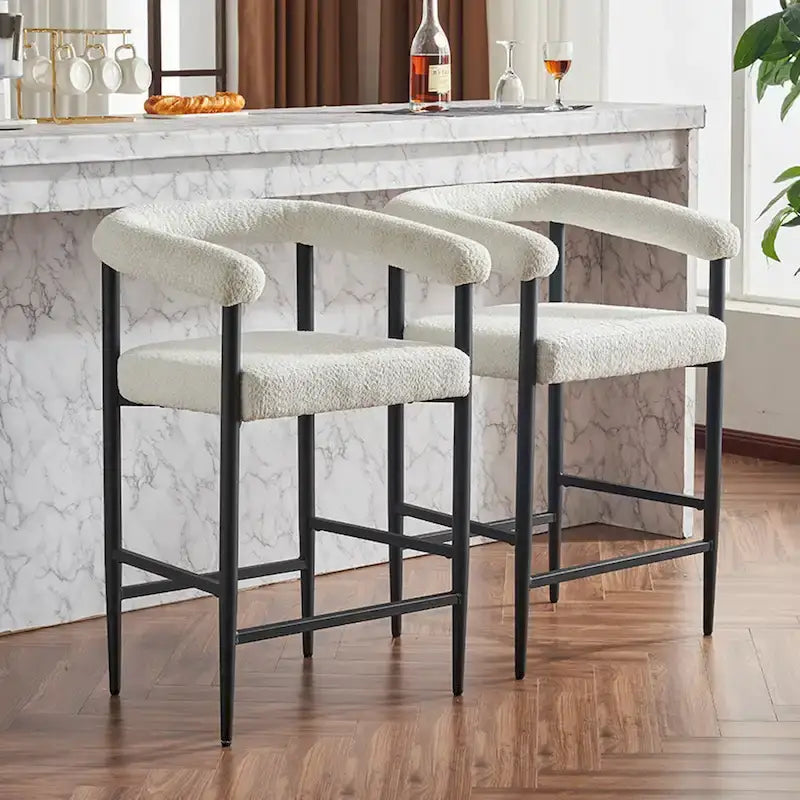 Modern Boucle Bar Stools Set of 2,Counter Height with Metal Frame & Armrests for Kitchen Island, Dining Room