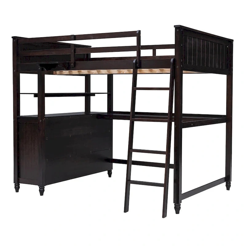 Full size Loft Bed with Drawers and Desk, Wooden Loft Bed with Shelves