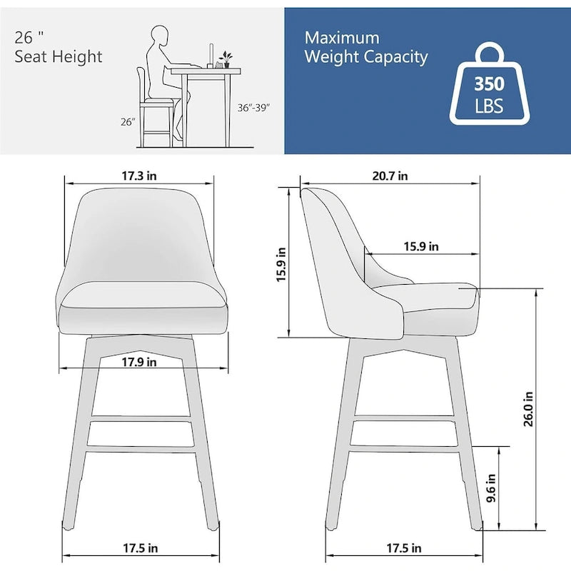 Swivel Bar Stools Set of 2, Counter Height Barstools with Backs and Wood Legs,Upholstered Chairs for Kitchen Island