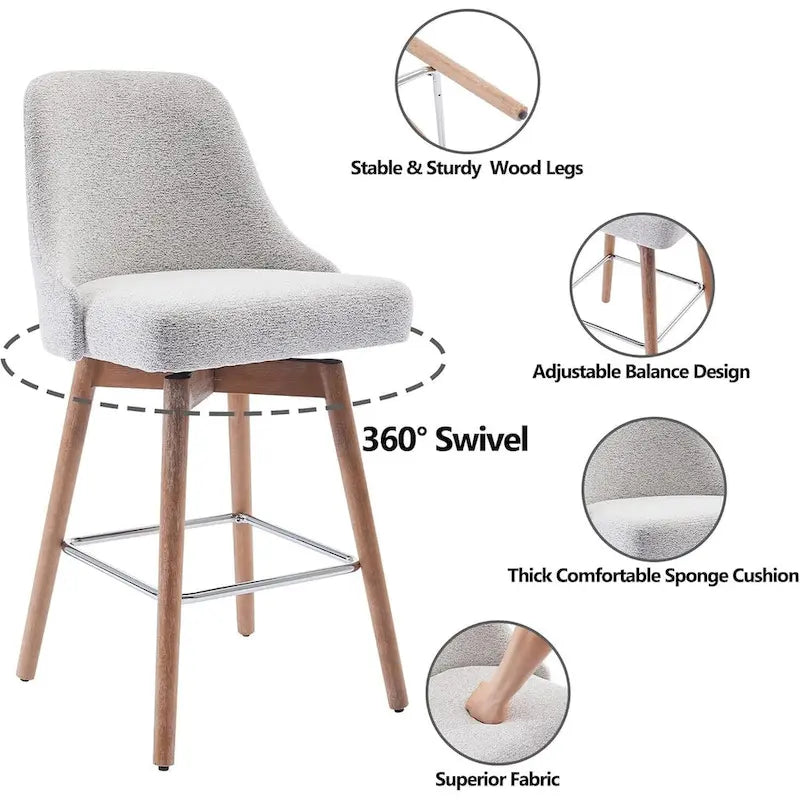 Swivel Bar Stools Set of 2, Counter Height Barstools with Backs and Wood Legs,Upholstered Chairs for Kitchen Island
