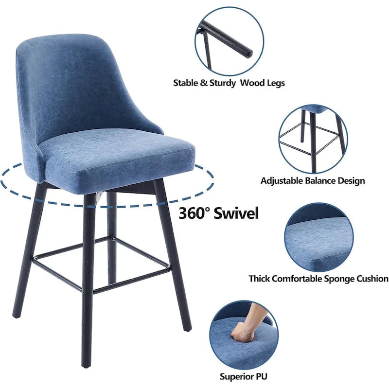 Swivel Bar Stools Set of 2, Counter Height Barstools with Backs and Wood Legs,Upholstered Chairs for Kitchen Island