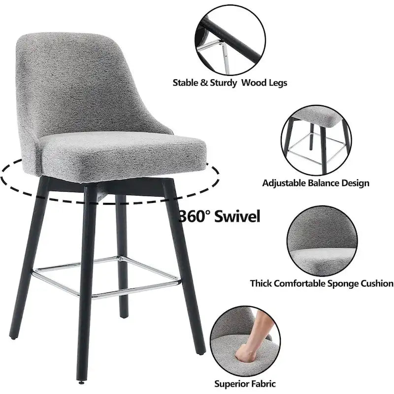 Swivel Bar Stools Set of 2, Counter Height Barstools with Backs and Wood Legs,Upholstered Chairs for Kitchen Island