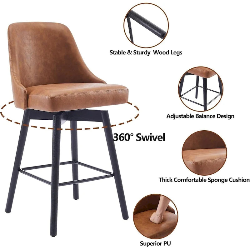 Swivel Bar Stools Set of 2, Counter Height Barstools with Backs and Wood Legs,Upholstered Chairs for Kitchen Island