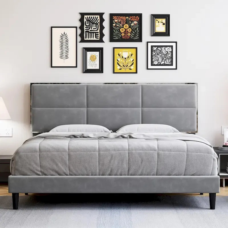 Bed Frame Upholstered Platform with Square Velvet Headboard