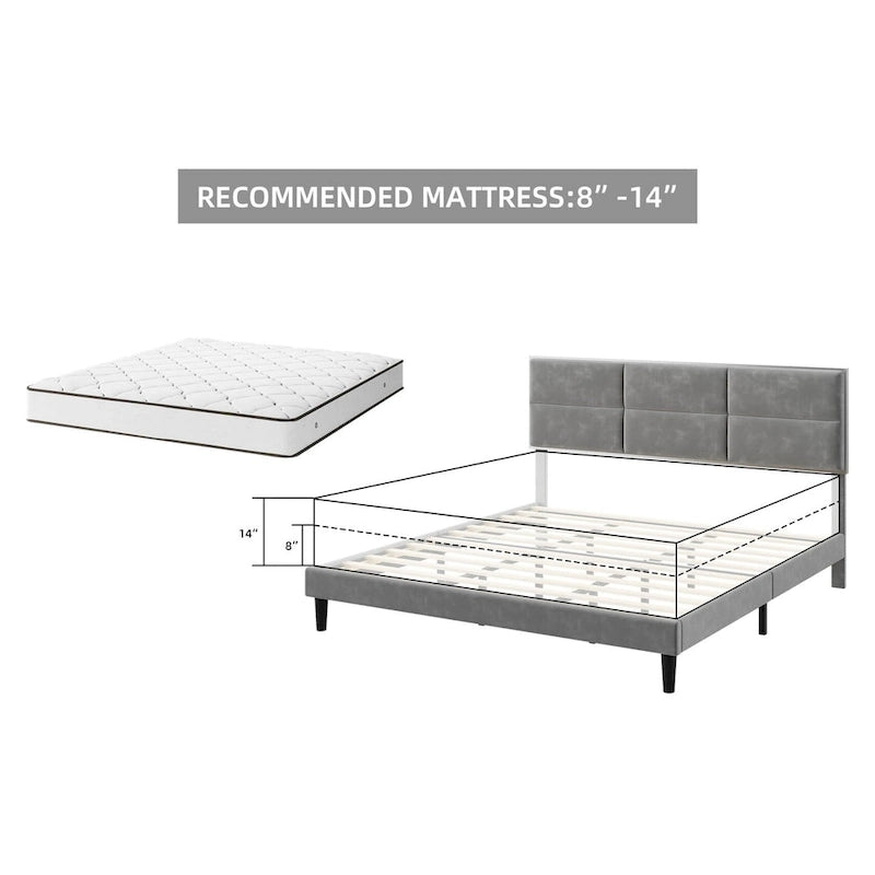Bed Frame Upholstered Platform with Square Velvet Headboard