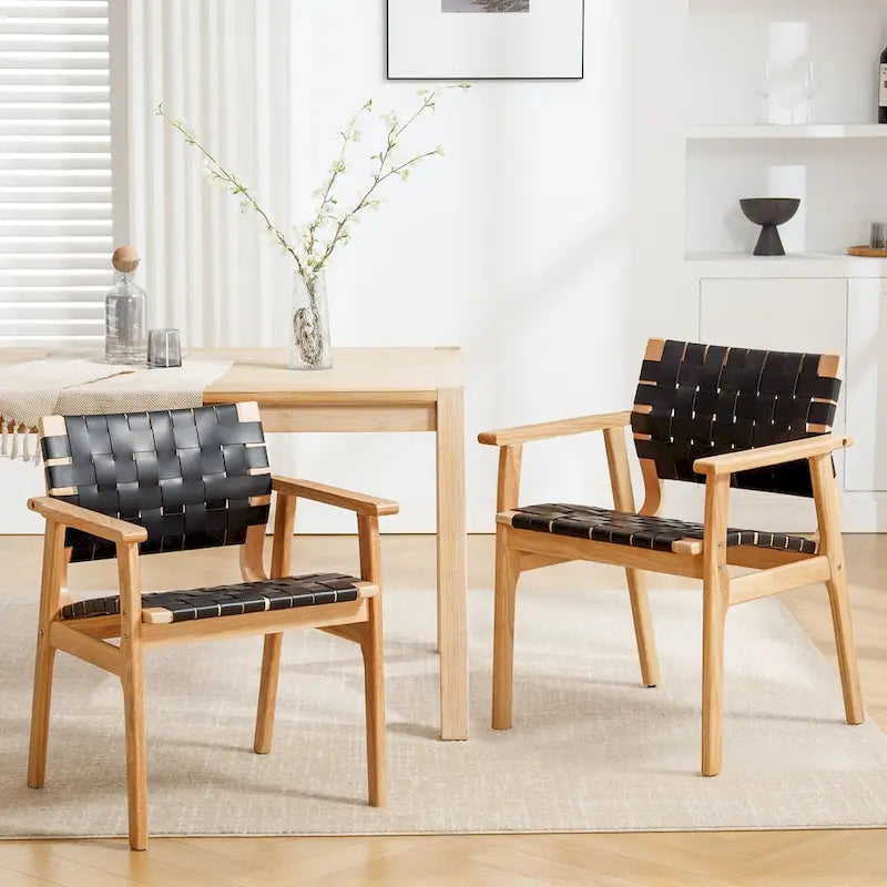 Woven Leather Dining Chairs with Solid Wood Frame - 29.7H x 21.7W x 22.8D