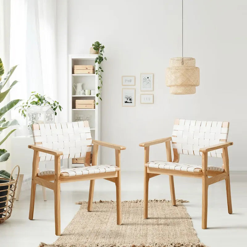 Woven Leather Dining Chairs with Solid Wood Frame - 29.7H x 21.7W x 22.8D