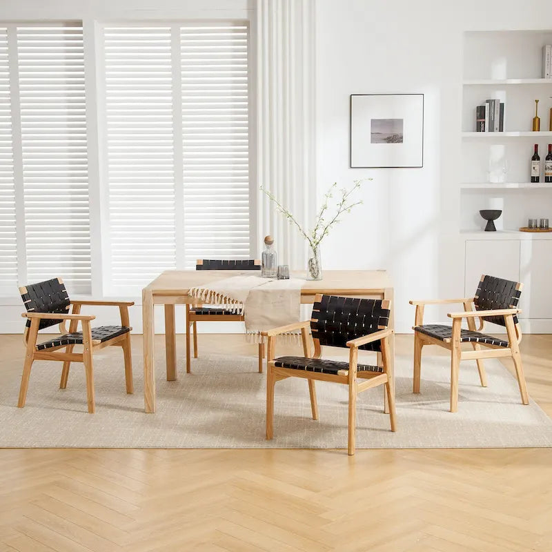 Woven Leather Dining Chairs with Solid Wood Frame - 29.7H x 21.7W x 22.8D