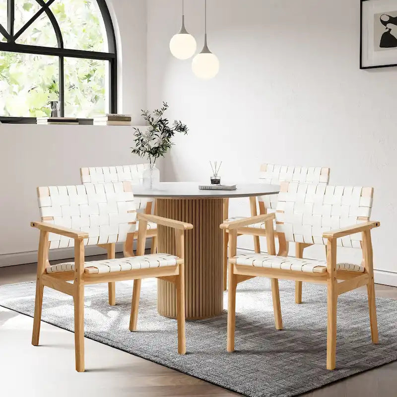 Woven Leather Dining Chairs with Solid Wood Frame - 29.7H x 21.7W x 22.8D