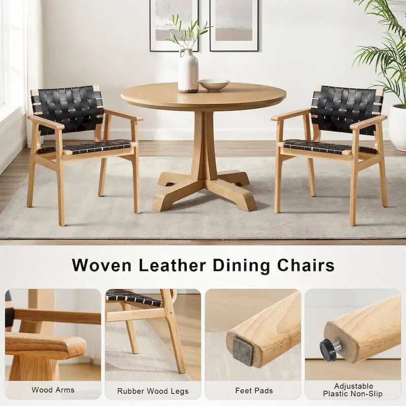 Woven Leather Dining Chairs with Solid Wood Frame - 29.7H x 21.7W x 22.8D
