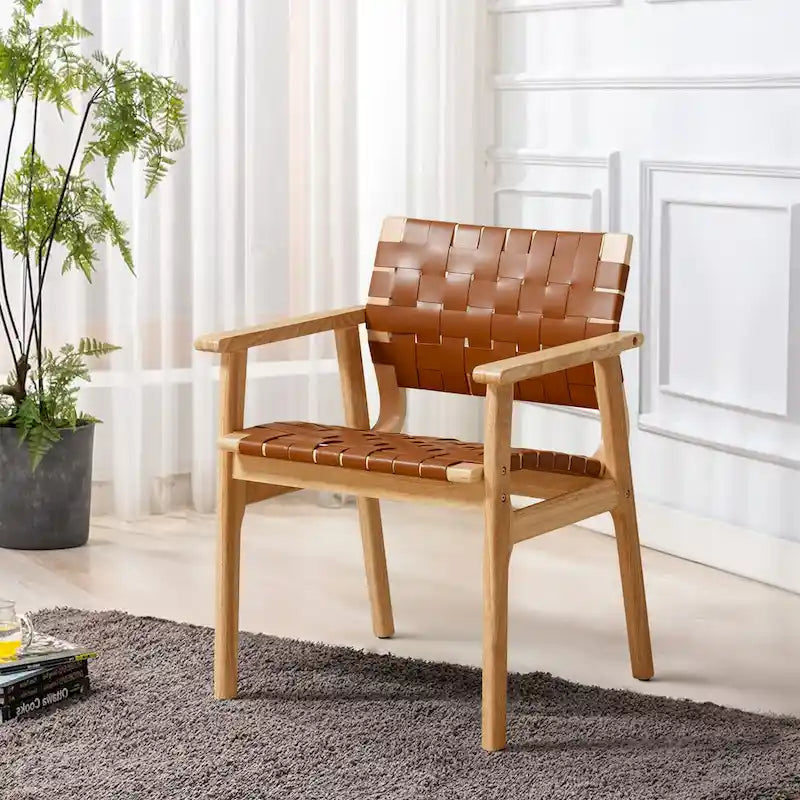 Woven Leather Dining Chairs with Solid Wood Frame - 29.7H x 21.7W x 22.8D