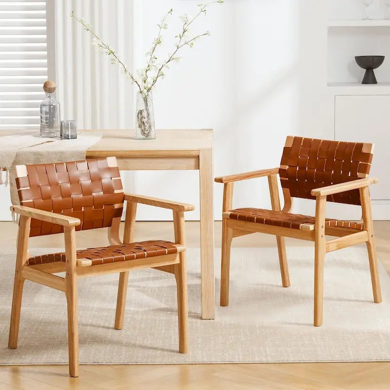 Woven Leather Dining Chairs with Solid Wood Frame - 29.7H x 21.7W x 22.8D