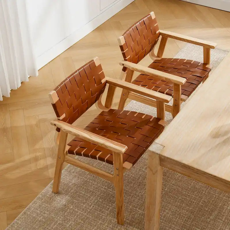 Woven Leather Dining Chairs with Solid Wood Frame - 29.7H x 21.7W x 22.8D