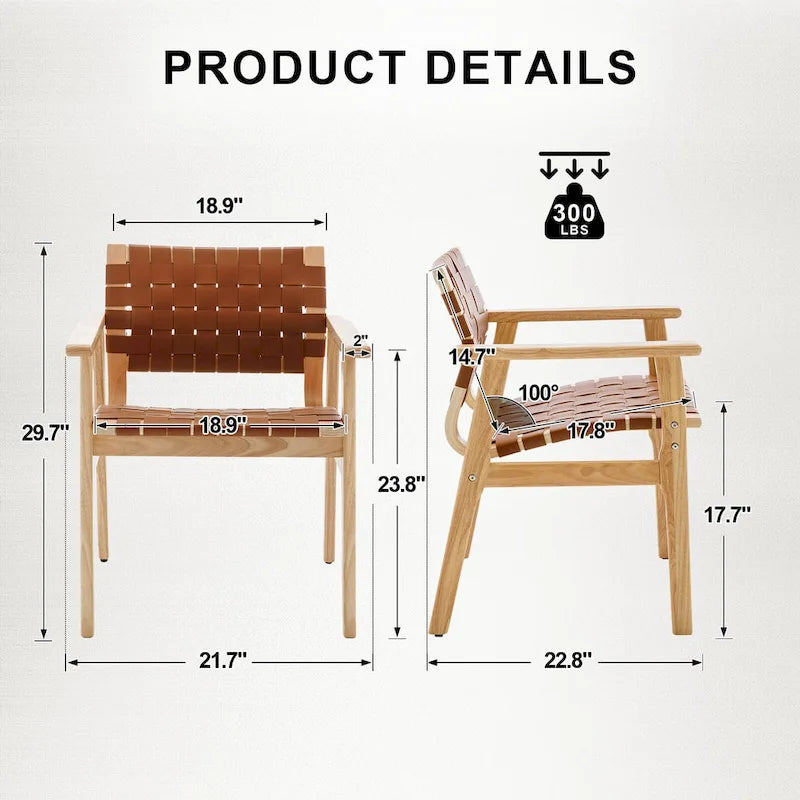 Woven Leather Dining Chairs with Solid Wood Frame - 29.7H x 21.7W x 22.8D