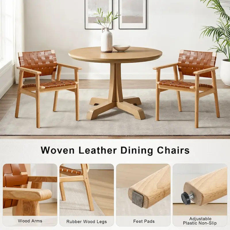 Woven Leather Dining Chairs with Solid Wood Frame - 29.7H x 21.7W x 22.8D