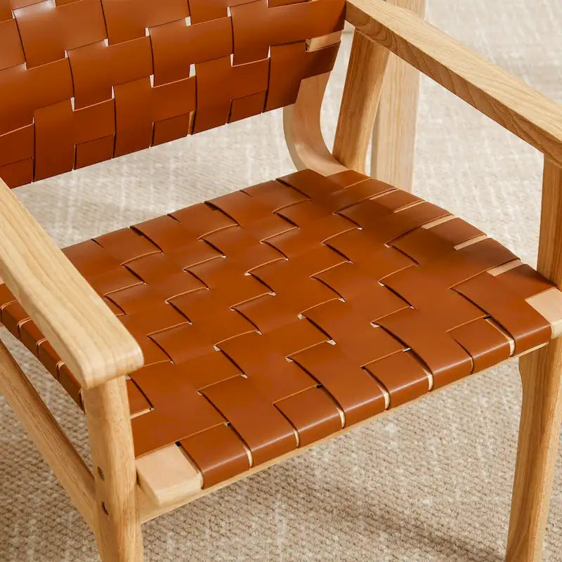 Woven Leather Dining Chairs with Solid Wood Frame - 29.7H x 21.7W x 22.8D