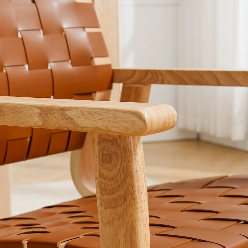 Woven Leather Dining Chairs with Solid Wood Frame - 29.7H x 21.7W x 22.8D