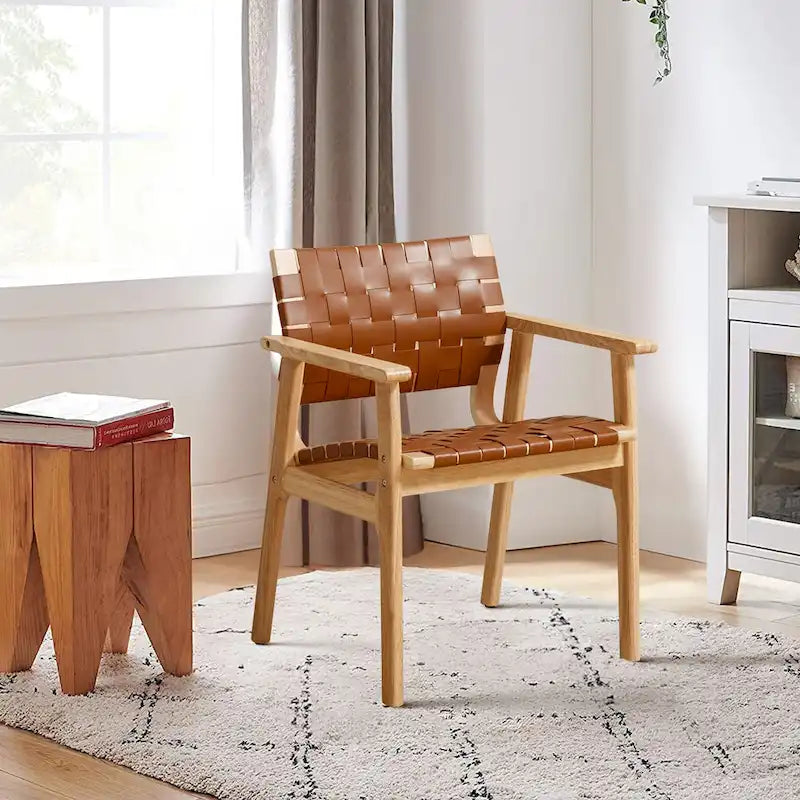 Woven Leather Dining Chairs with Solid Wood Frame - 29.7H x 21.7W x 22.8D