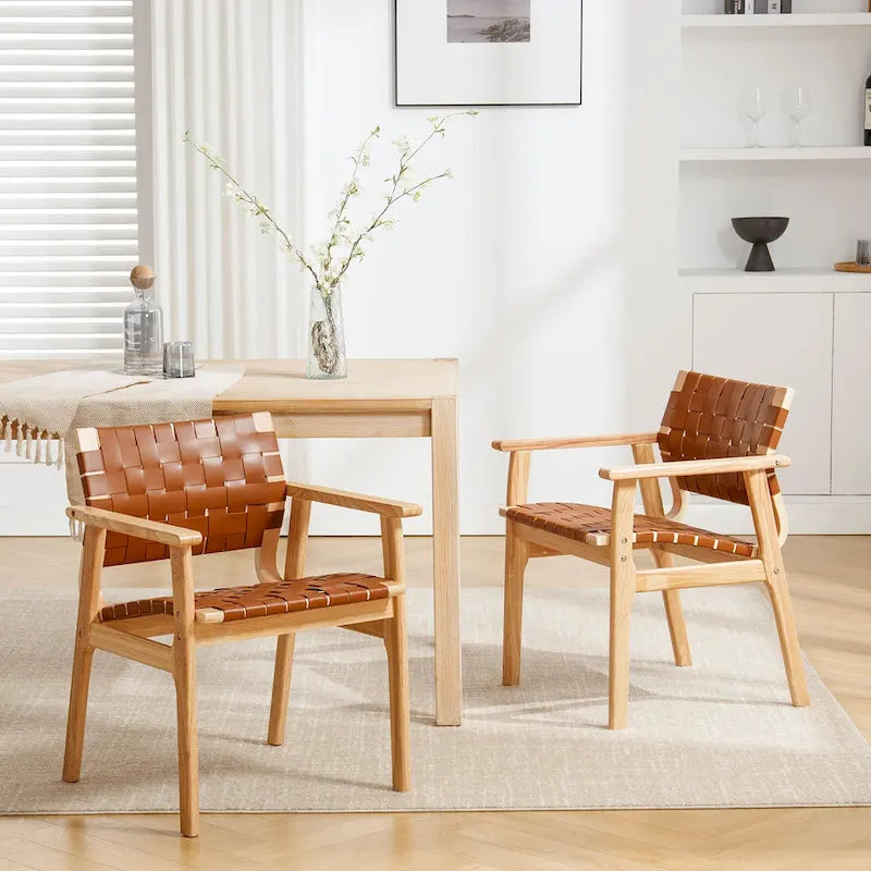 Woven Leather Dining Chairs with Solid Wood Frame - 29.7H x 21.7W x 22.8D