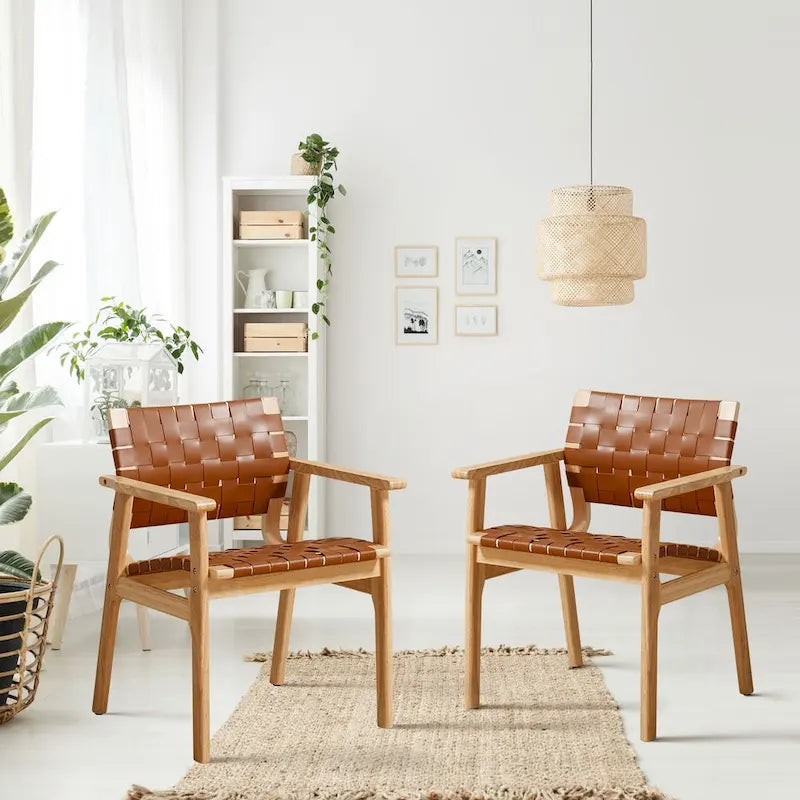 Woven Leather Dining Chairs with Solid Wood Frame - 29.7H x 21.7W x 22.8D