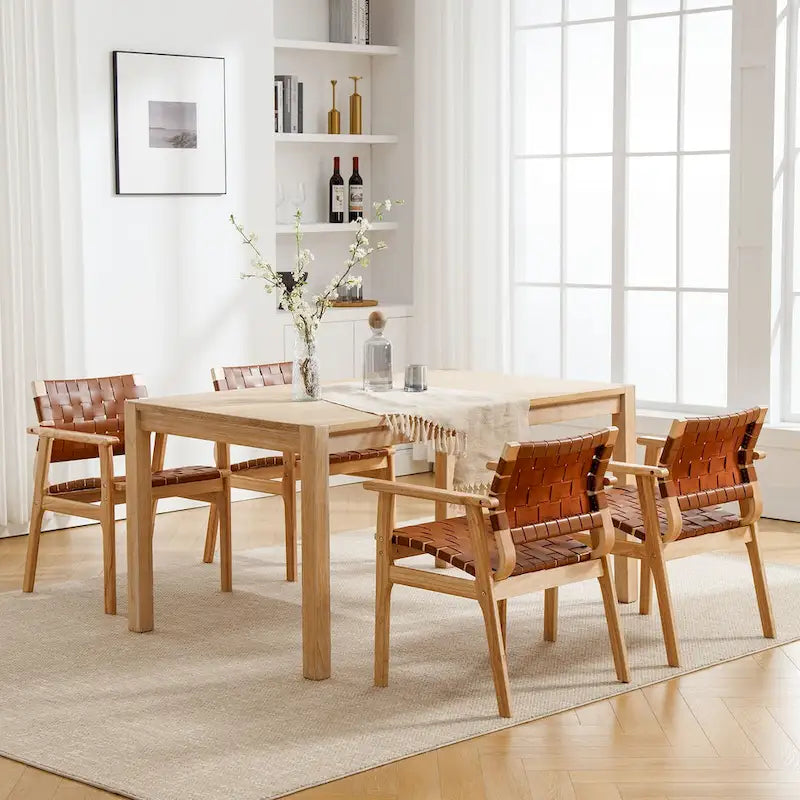 Woven Leather Dining Chairs with Solid Wood Frame - 29.7H x 21.7W x 22.8D