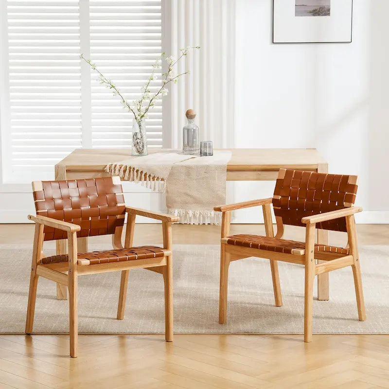 Woven Leather Dining Chairs with Solid Wood Frame - 29.7H x 21.7W x 22.8D