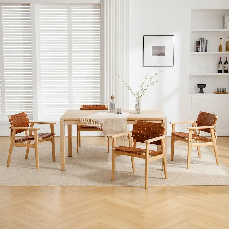 Woven Leather Dining Chairs with Solid Wood Frame - 29.7H x 21.7W x 22.8D