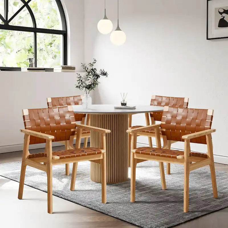 Woven Leather Dining Chairs with Solid Wood Frame - 29.7H x 21.7W x 22.8D