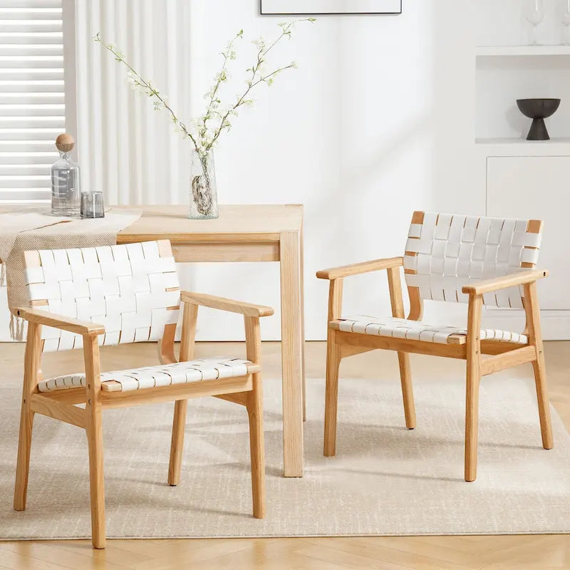 Woven Leather Dining Chairs with Solid Wood Frame - 29.7H x 21.7W x 22.8D