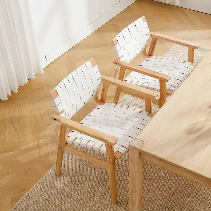 Woven Leather Dining Chairs with Solid Wood Frame - 29.7H x 21.7W x 22.8D