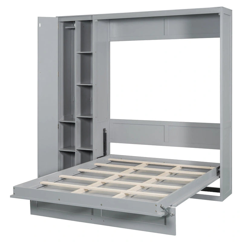 Full/Queen Size Murphy Bed Wall Bed with Small Wardrobe and LED Lights, Foldable Murphy Cabinet Bed with Storage Shelves